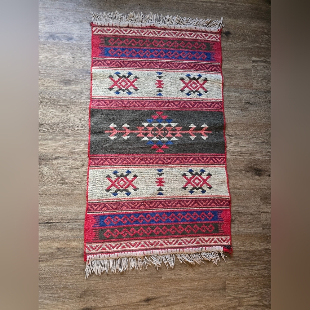 Kilim Vintage Handwoven Red and Blue Geometric Rug